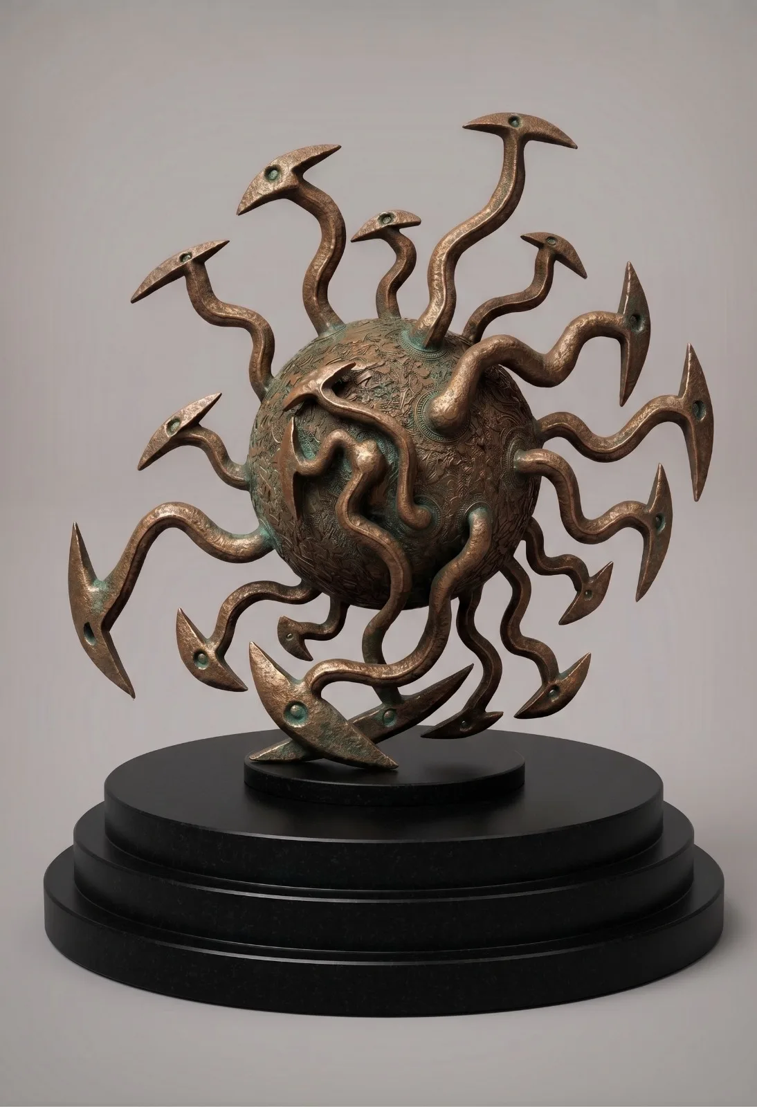 Sol dos Sete Mares — Escultura. Bronze  ·  base em granito preto absoluto. Roberto Claussen.