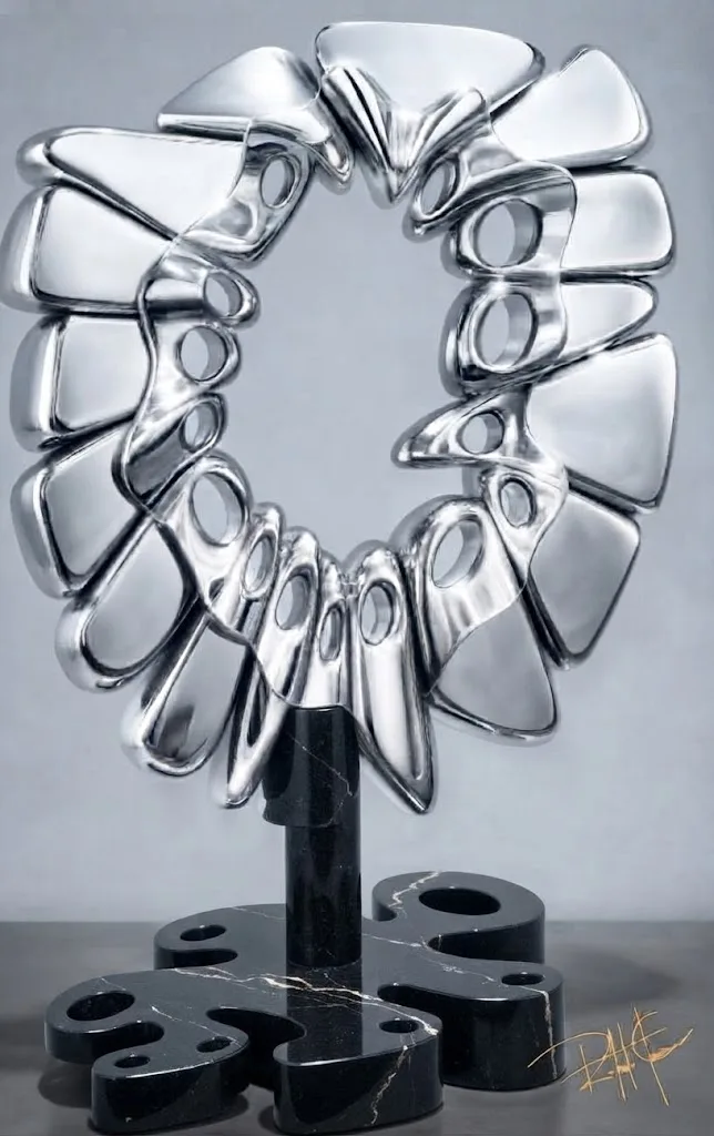 Portal — Escultura. Alumínio aeronáutico · base em granito preto absoluto. Roberto Claussen.