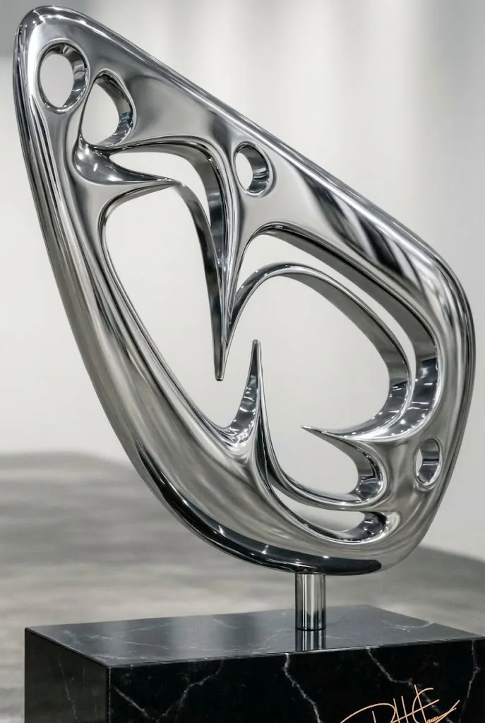 Metamorfoses II — Escultura. Alumínio Aeronáutico · base em granito preto absoluto. Roberto Claussen.